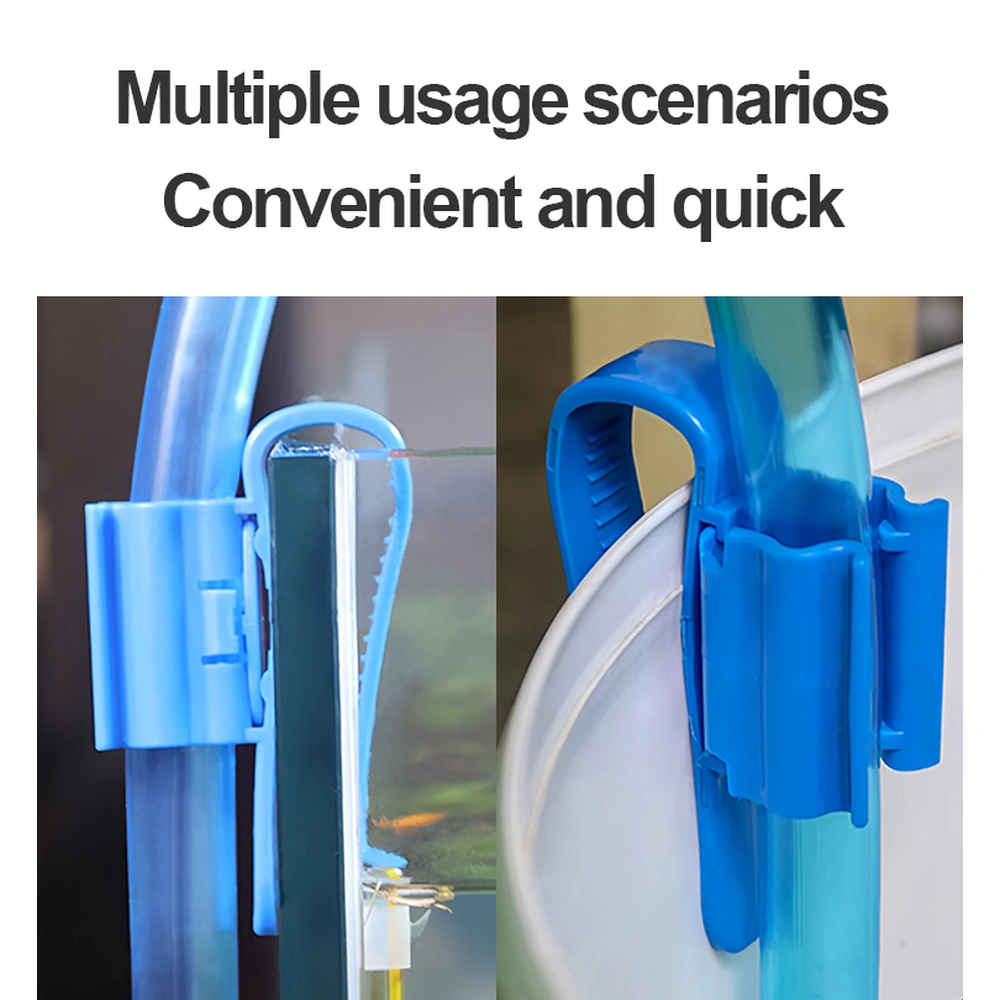 Aquarium hose holder clip securing hoses to a glass tank rim and a bucket rim in two application views.