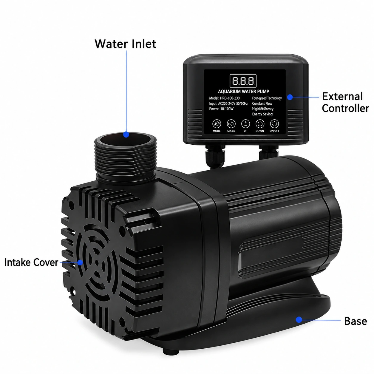 Small Honey Badger water pump detail diagram showing the external controller, threaded connection, intake cover and base.