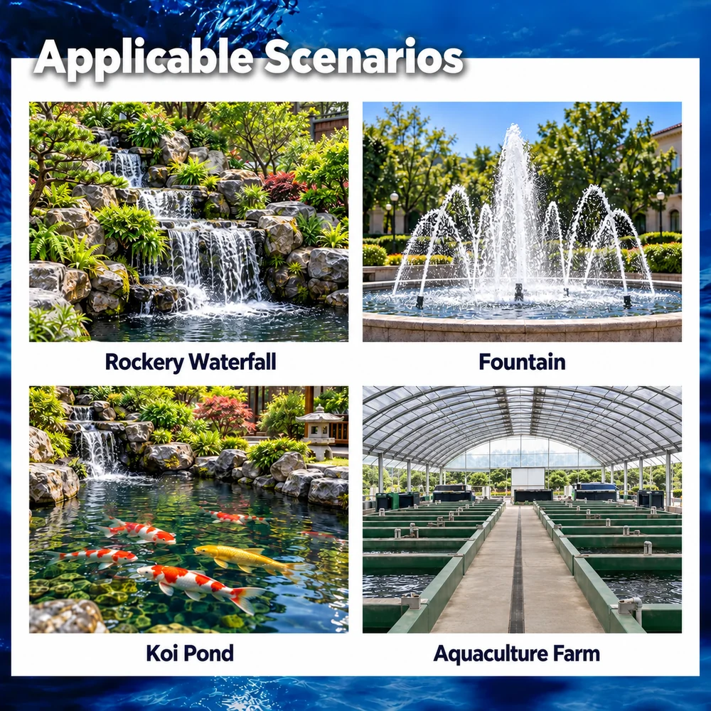 Chubby water pump application collage showing a rockery waterfall, fountain, koi pond and aquaculture facility.