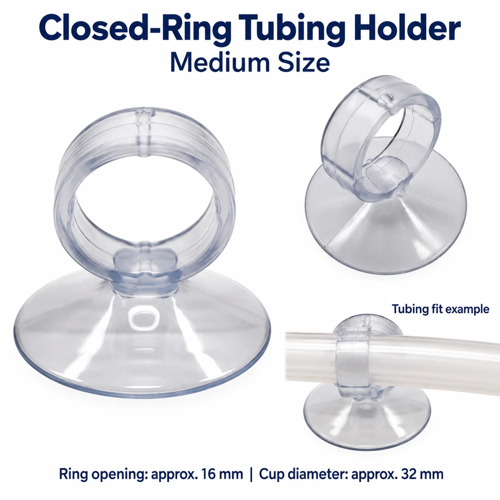 Medium aquarium tubing suction cup with an approximately 16 mm ring opening and 32 mm cup diameter, shown from two angles and holding clear tubing.