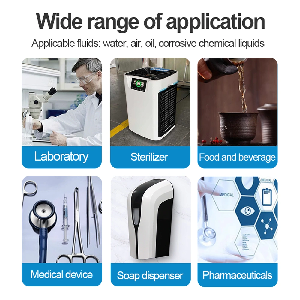 Inline check valve application illustration showing laboratory, sterilizer, food and beverage, medical device, soap dispenser and pharmaceutical settings.