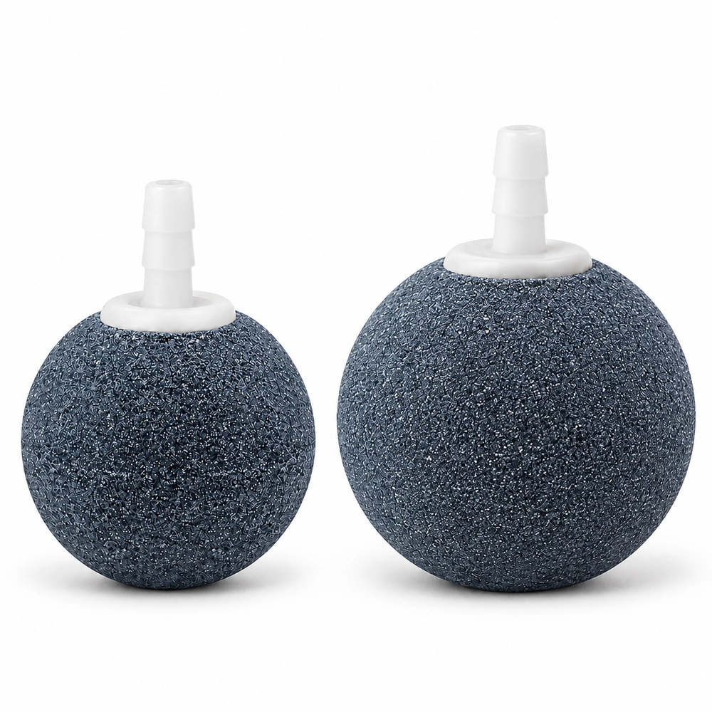 KOOI spherical aquarium air stones in 40 and 50 mm diameters, with porous stone bodies and white barbed airline connectors.