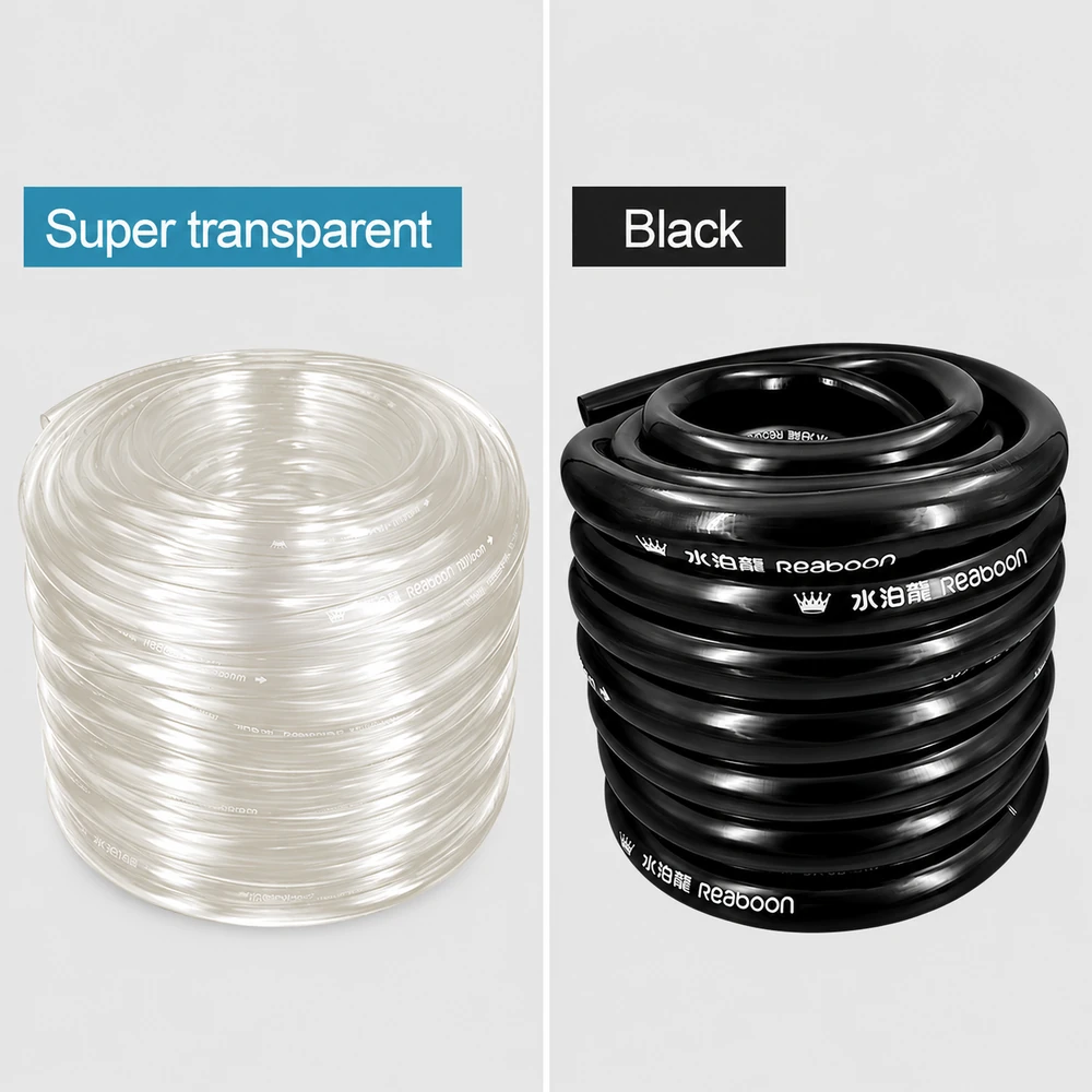 Actual product display of super transparent and black PVC aquarium water hose rolls.
