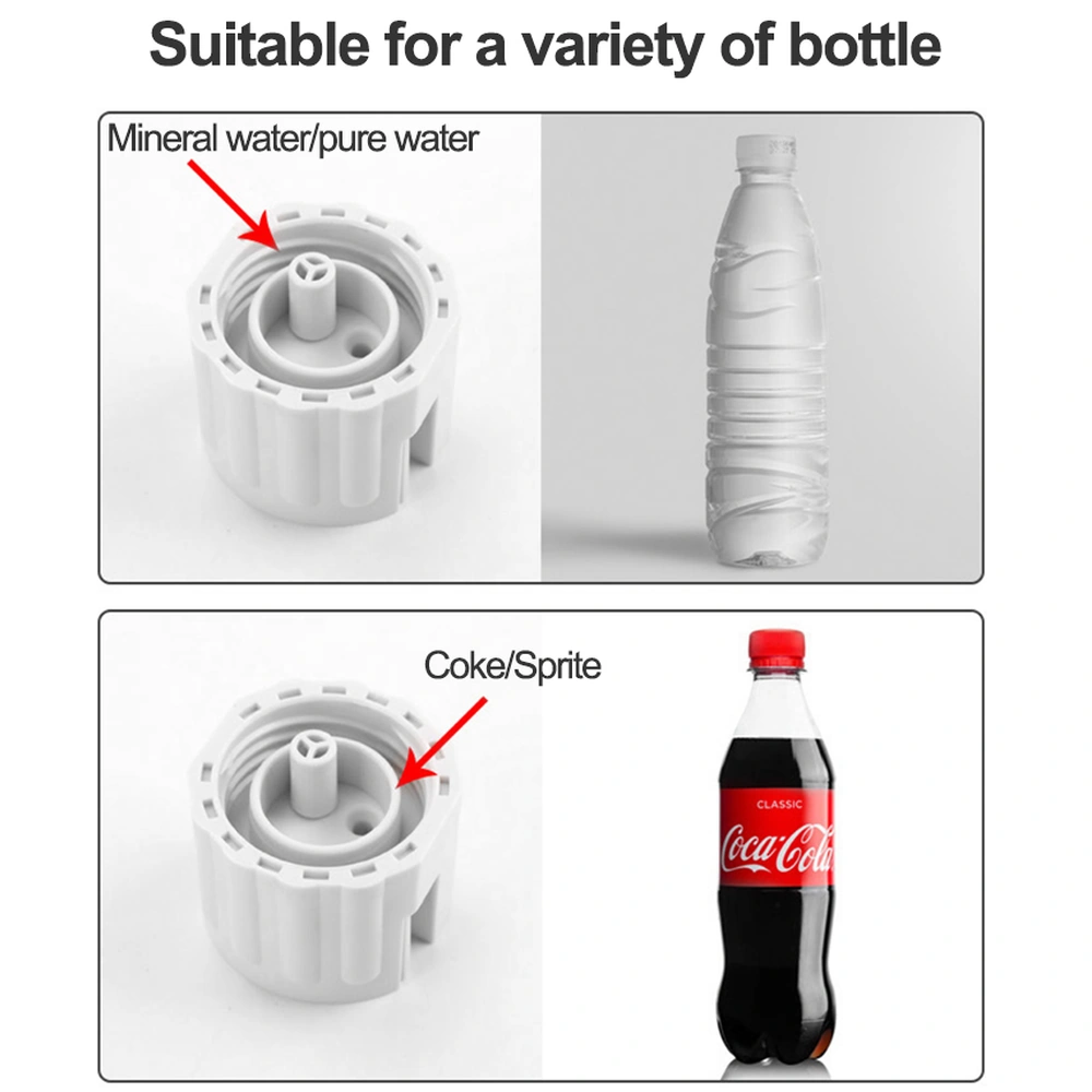 BSQ-B aquarium water replenisher bottle-fitting guide showing connection positions for water bottles and Coke or Sprite bottles