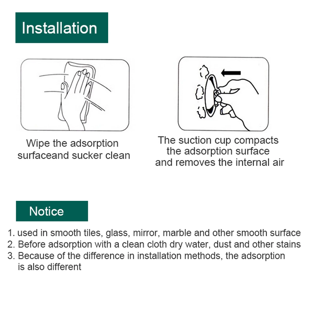 Installation illustrations for aquarium tube clip suction cups: clean the mounting surface and press the cup to expel trapped air.