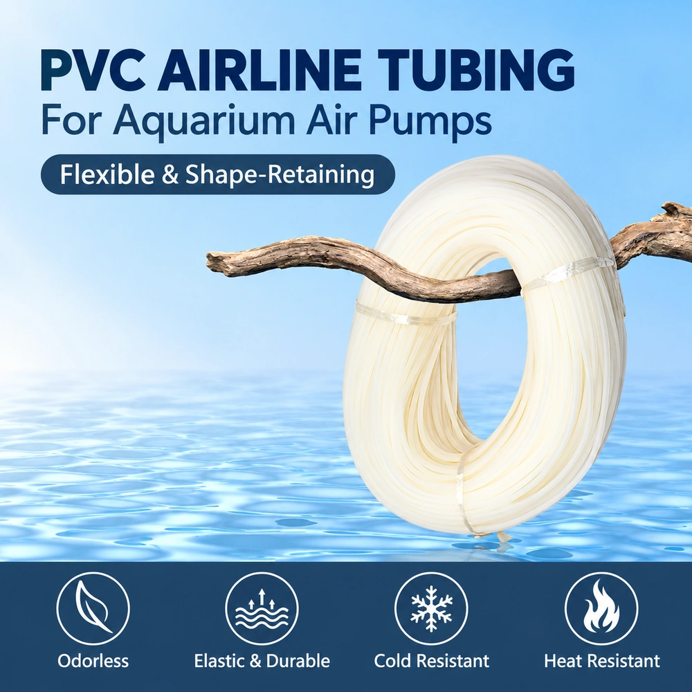 Flexible, shape-retaining PVC aquarium airline tubing for air pumps, with odorless, elastic, durable, cold-resistant and heat-resistant features.