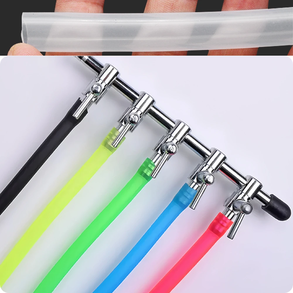 PVC aquarium airline tubing connected to a five-outlet air distribution manifold, with a translucent tube close-up above.