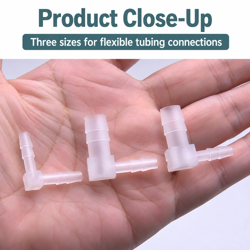 Three translucent PP barbed elbow connectors resting on a palm to compare their sizes and equal-size or reducing connections.