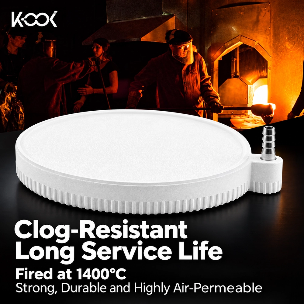 Beluga aquarium air diffuser disc with a furnace-themed illustration highlighting firing at 1,400°C.