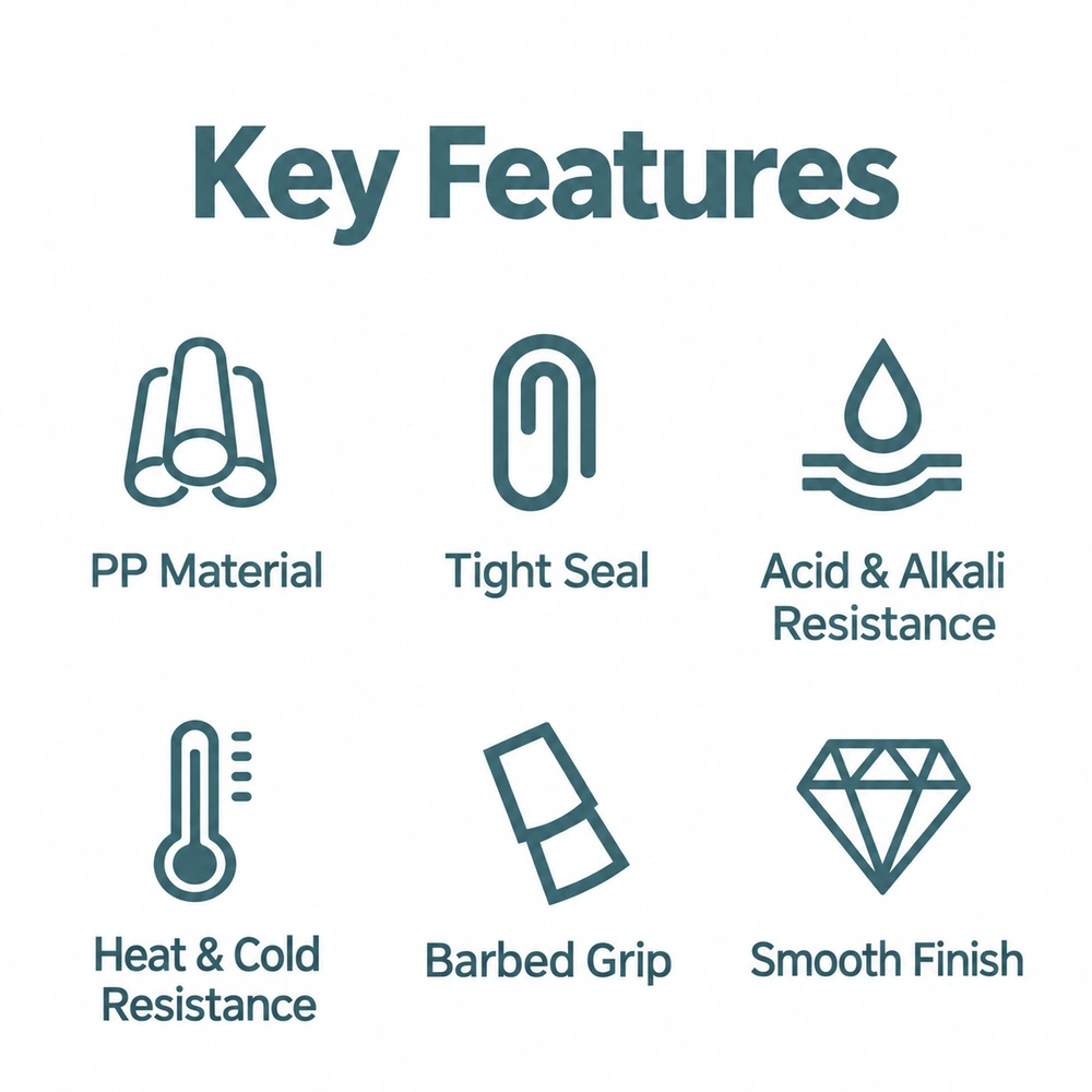 PP barbed elbow connector feature chart listing PP material, a tight seal, acid and alkali resistance, heat and cold resistance, barbed grip and a smooth finish.
