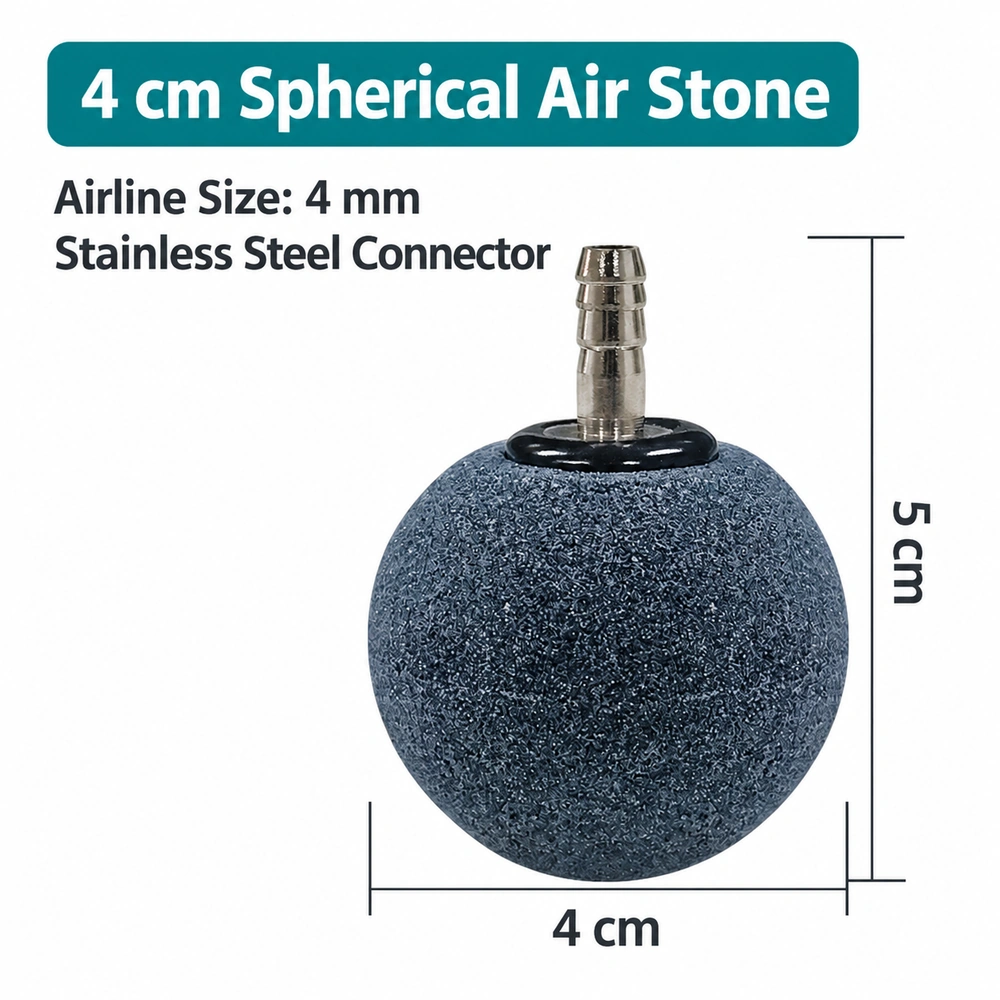 40 mm spherical aquarium air stone with a stainless steel connector for 4 mm airline tubing, measuring 50 mm tall including the connector.