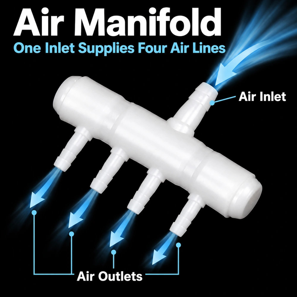  Four-outlet aquarium air manifold airflow diagram showing air entering one inlet and branching into four air lines.