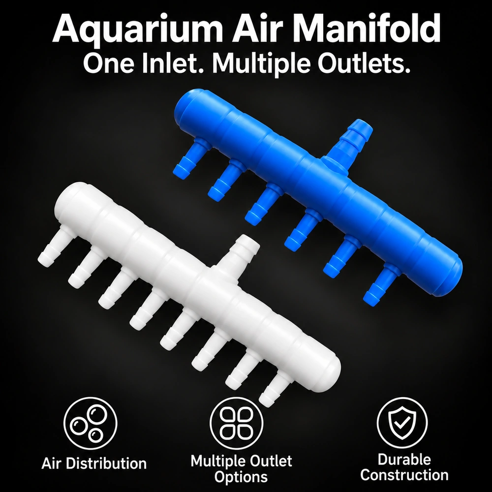 Aquarium air manifolds in blue and white, designed to distribute air from one inlet to multiple outlets, with several outlet configurations available.