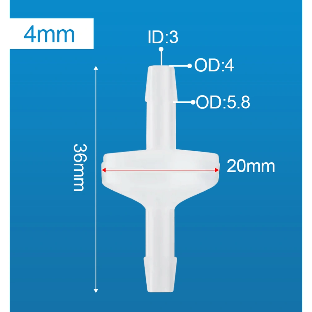 Dimension diagram of the inline check valve labeled 4 mm, showing a 36 mm overall length, 20 mm body width and connector measurements.