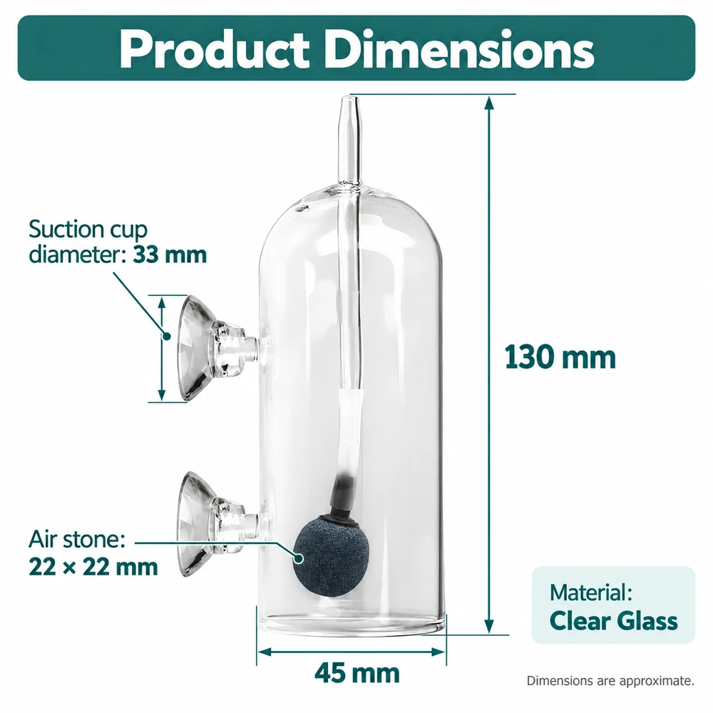 RYQ-01 glass aquarium air stone splash guard dimensions: approximately 130 mm high and 45 mm across the chamber base.