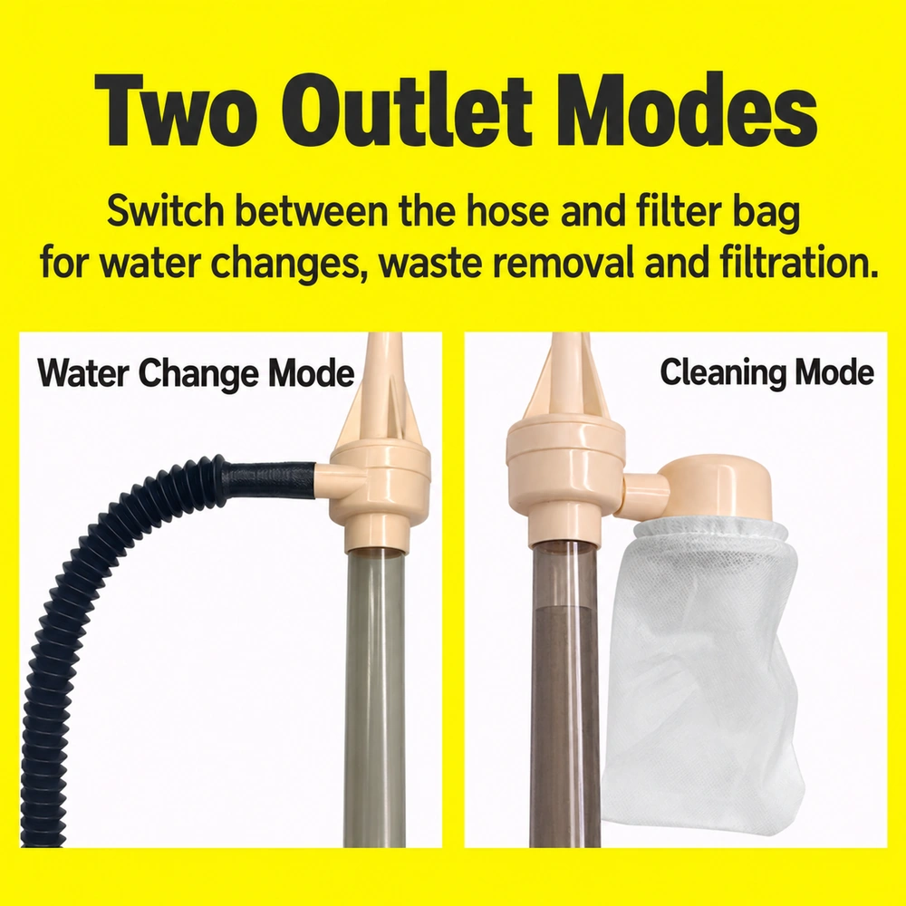 CSQ-U aquarium gravel cleaner outlet comparison: drain hose for water changes and filter bag for debris collection.