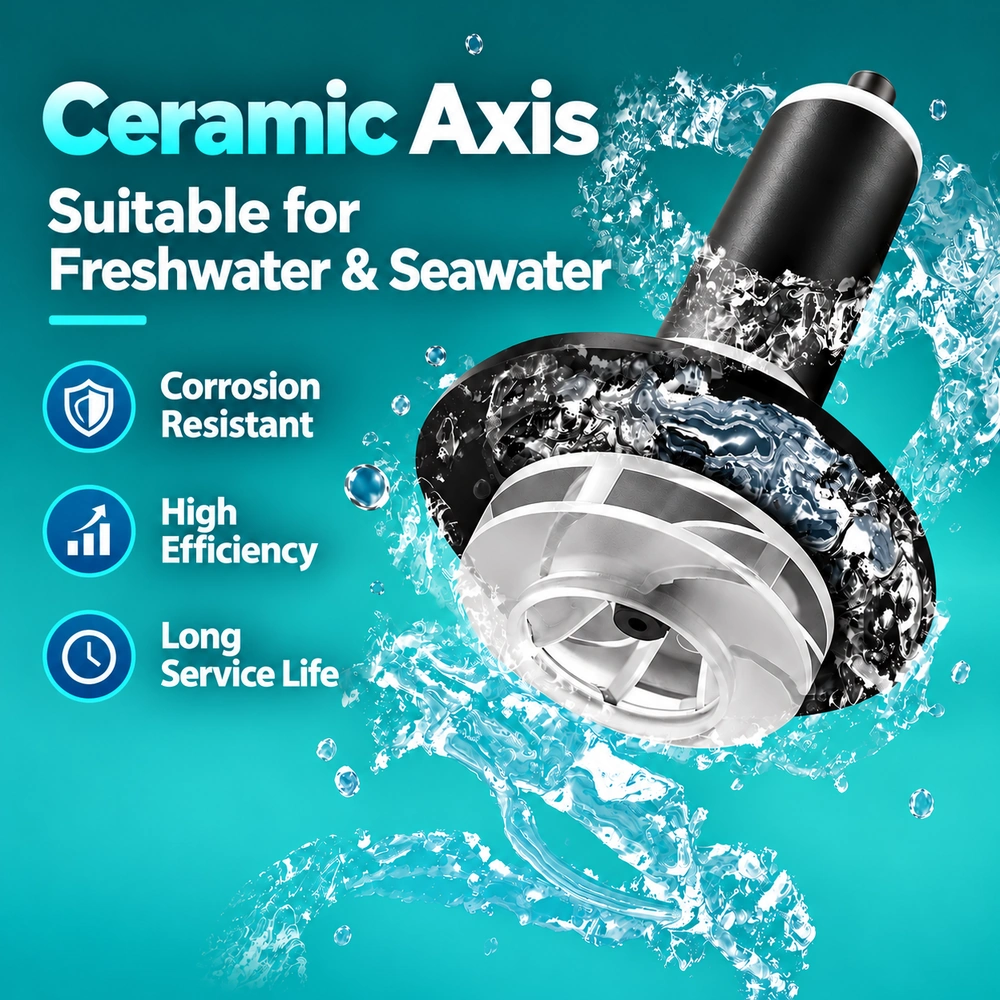 KOOI 63 Dual-Head Series water pump rotor illustration highlighting the ceramic shaft for freshwater and seawater use.