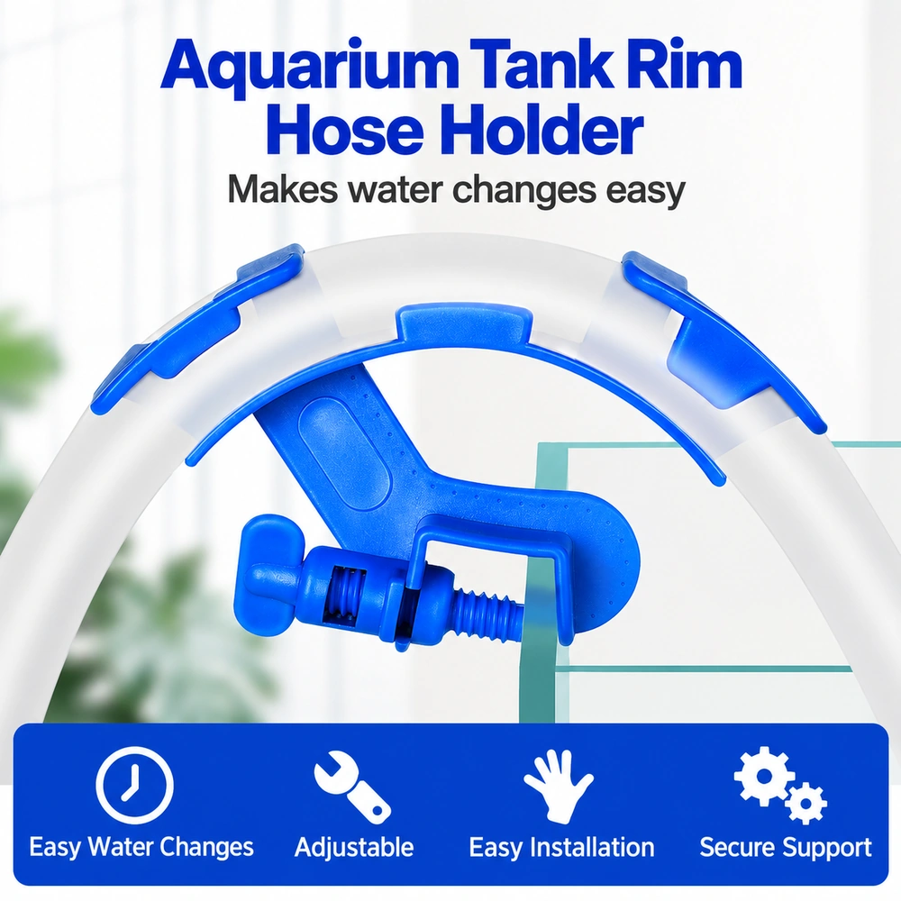 GDJ-001 aquarium tank rim hose holder supporting a hose on a curved guide with an adjustable screw clamp.