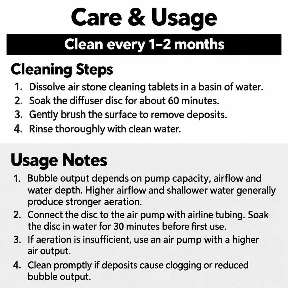 Beluga aquarium air diffuser disc care guide: clean every 1–2 months and soak for 30 minutes before first use; includes cleaning steps and airflow guidance.