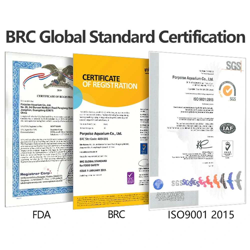 Certificate montage accompanying the tropical fish food, labeled FDA, BRC and ISO 9001:2015.