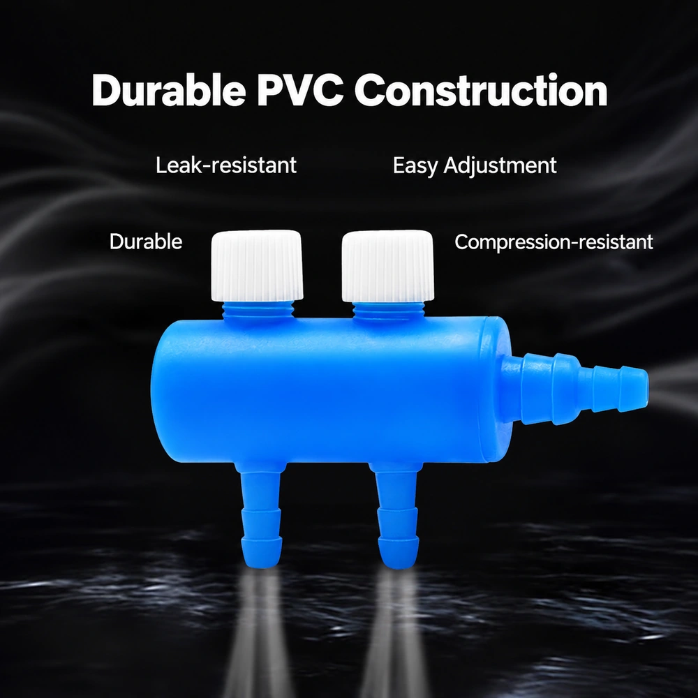 Two-way PVC aquarium air gang valve with two white adjustment knobs, a stepped air inlet and two barbed outlets.