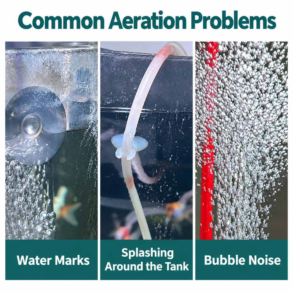Common aquarium aeration problems: water marks, splashing around the tank and bubble noise.