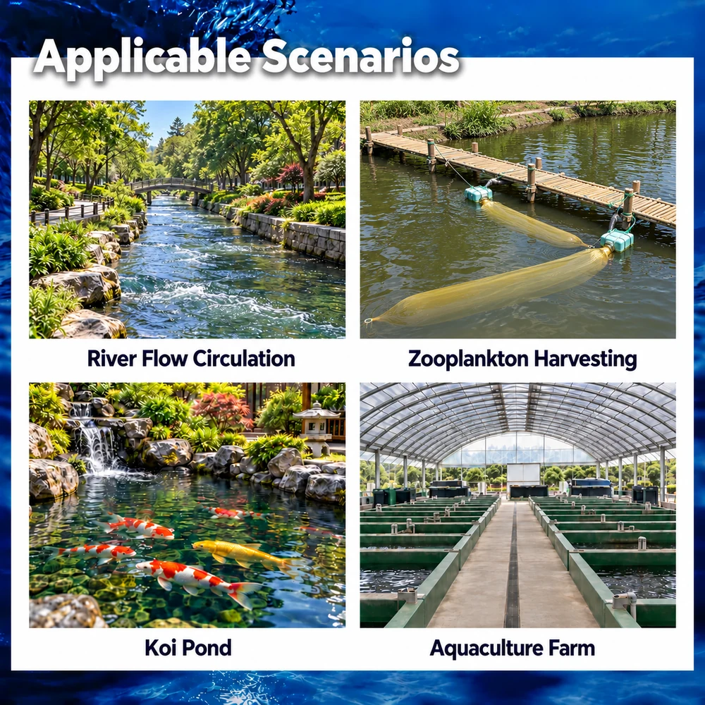 Big White water pump application collage showing river circulation, zooplankton harvesting, a koi pond and an aquaculture facility.