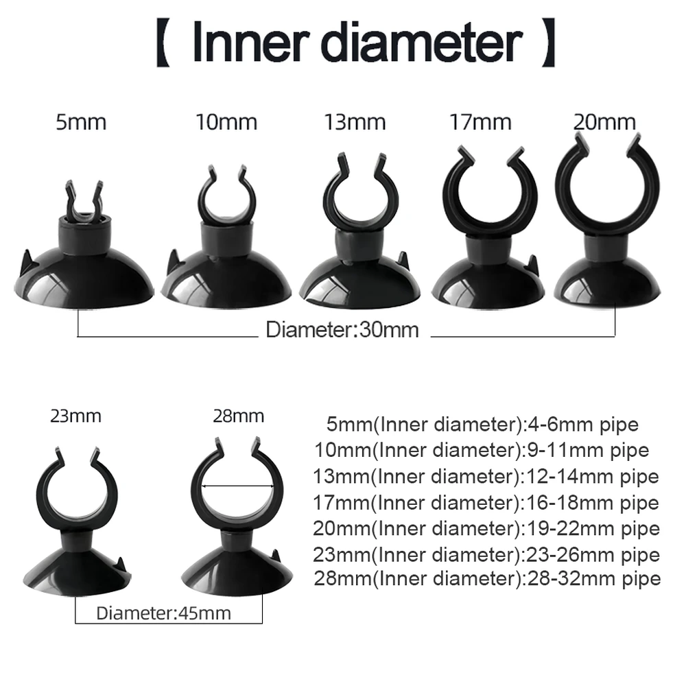 Aquarium tube clip size chart showing seven inner diameters from 5 to 28 mm, with 30 or 45 mm suction-cup bases and corresponding tube-size ranges.