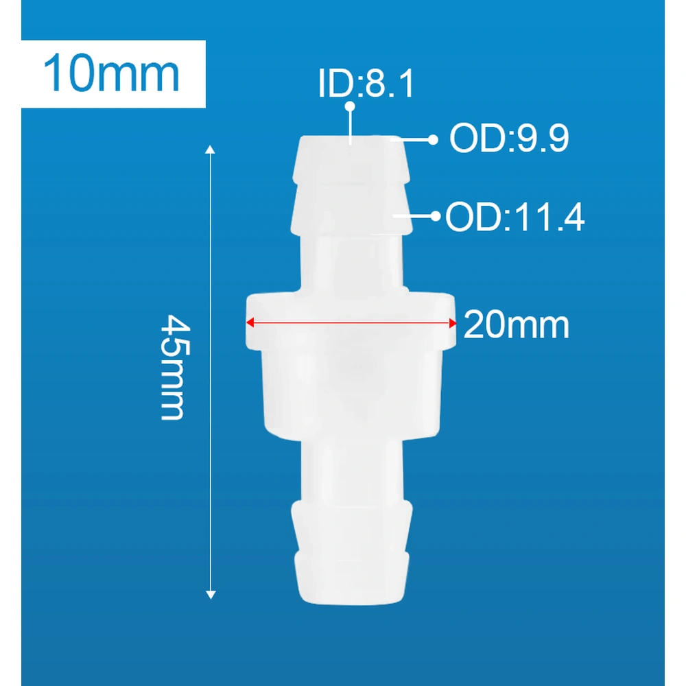 Dimension diagram of the inline check valve labeled 10 mm, showing a 45 mm overall length, 20 mm body width and connector measurements.
