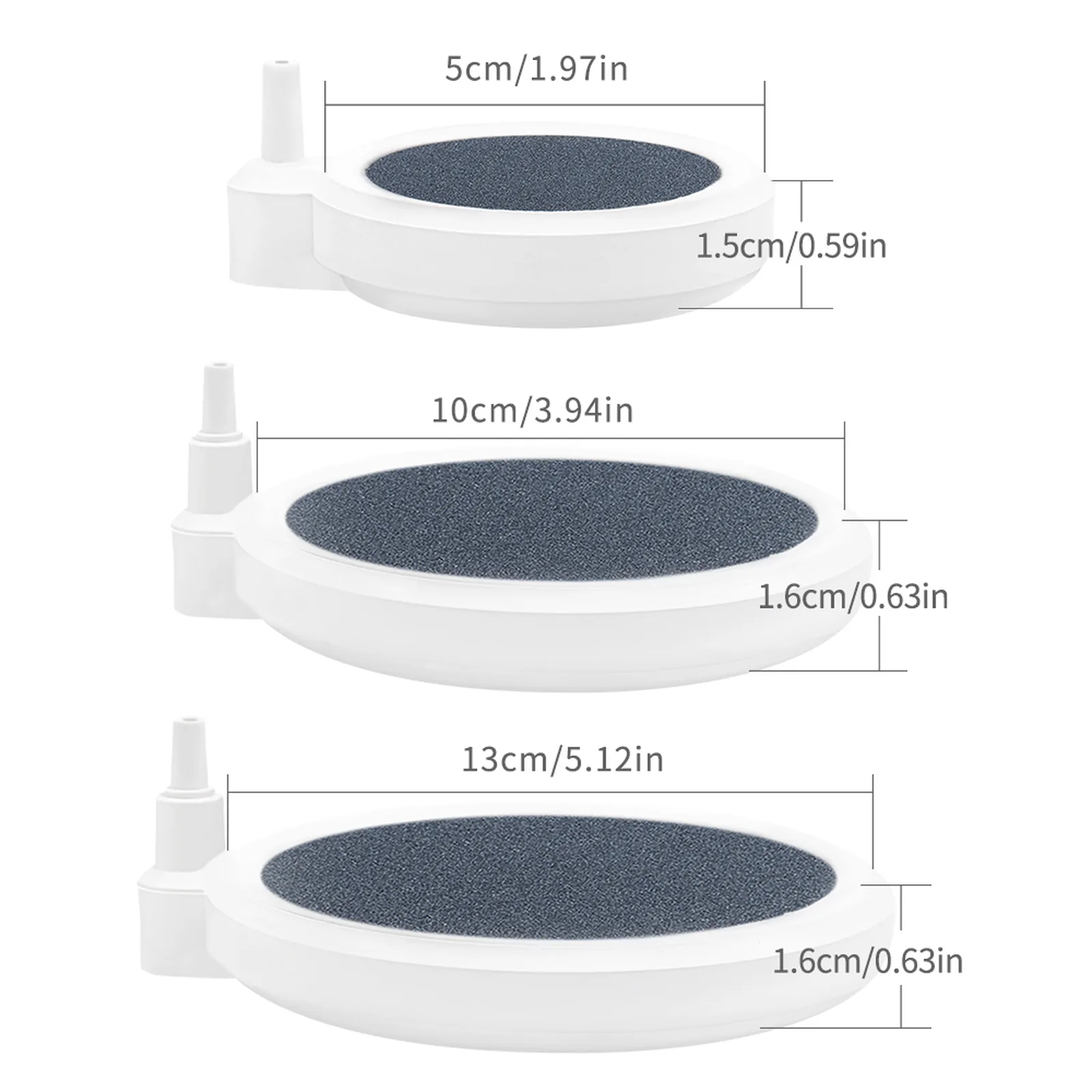 Blue Whale aquarium air stone disc size comparison: 5, 10 and 13 cm diameters.