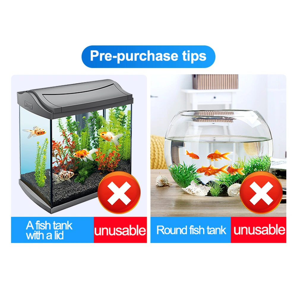 BSQ-B aquarium water replenisher compatibility guide marking lidded aquariums and round fish bowls as unsuitable.