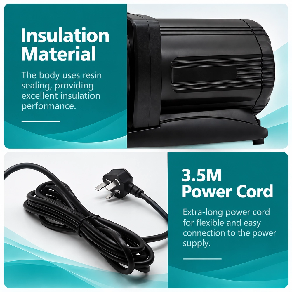 Small Mouth high-head water pump feature image highlighting resin sealing for insulation and a 3.5 m power cord.