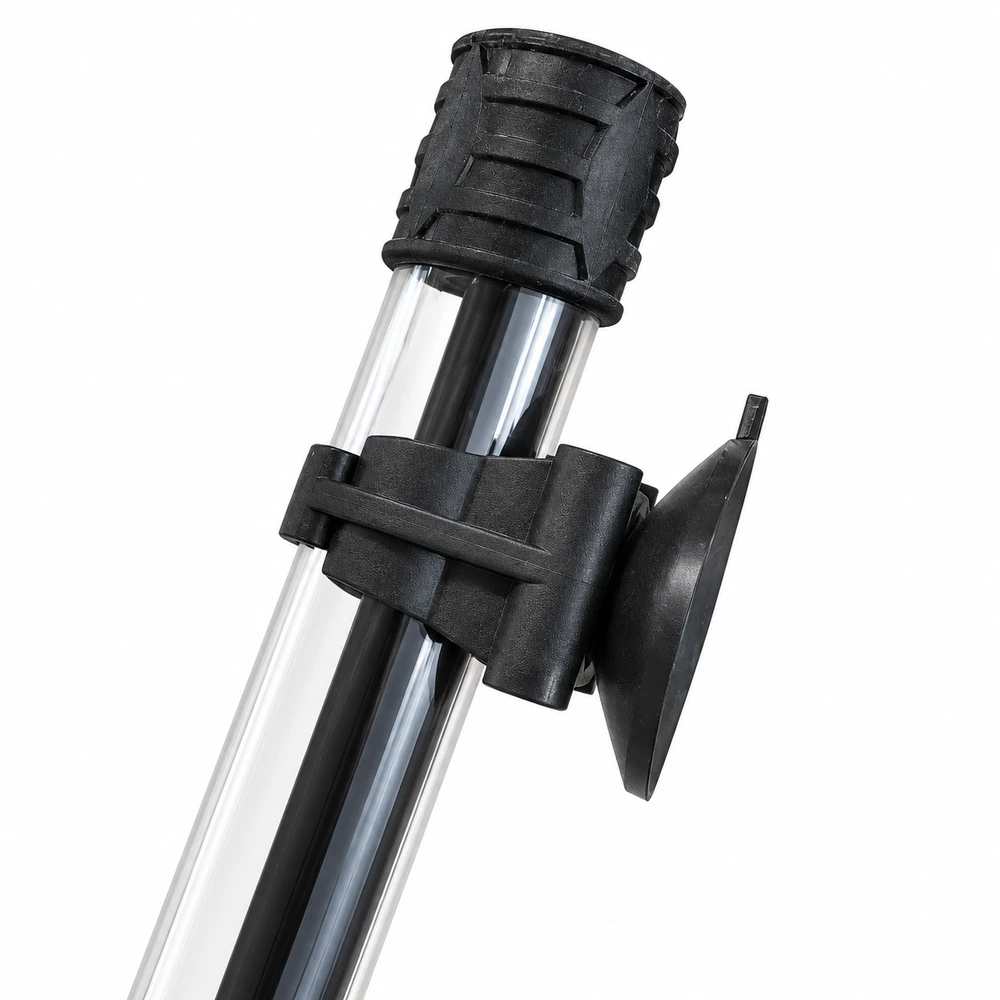 T4 glass aquarium LED light suction-cup mount diagram with the clip secured around the tube.