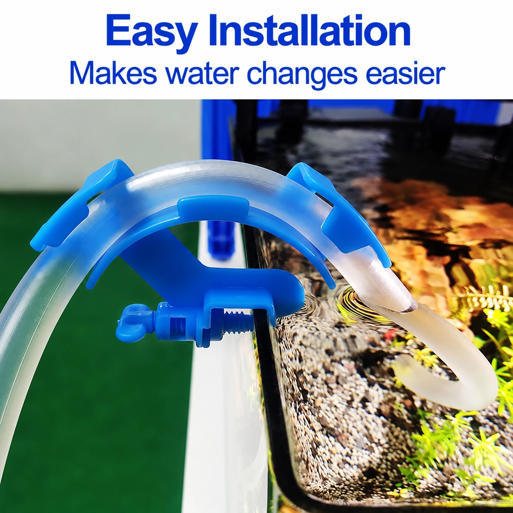 Aquarium tank rim hose holder mounted on a tank edge, guiding a hose over the rim into the aquarium for water changes.