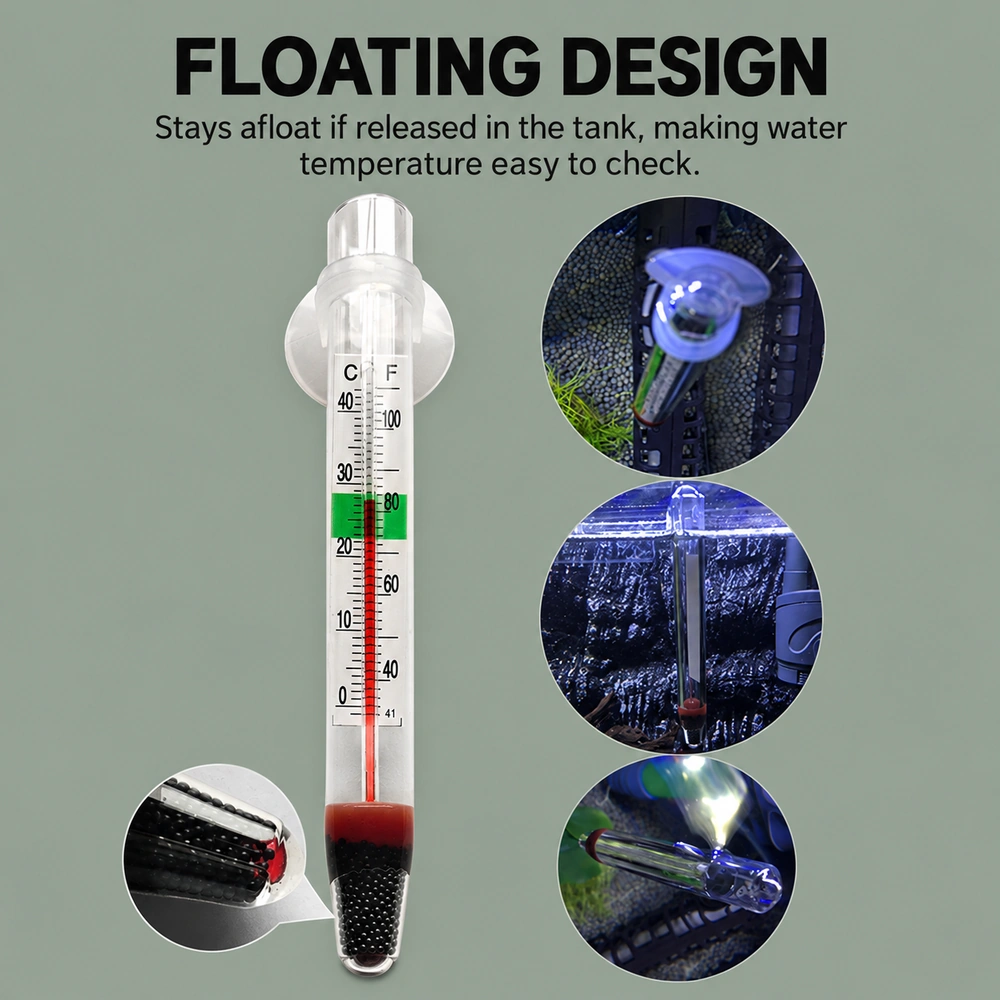 Floating glass aquarium thermometer that stays afloat if released in the tank, making water temperature easy to check.