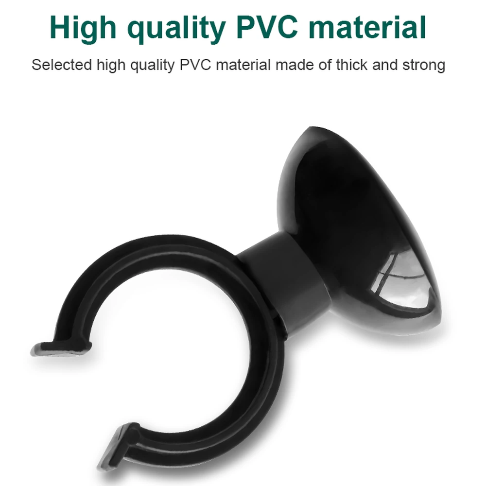 Angled close-up of a black PVC aquarium tube clip, showing its open U-shaped holder and suction-cup base.