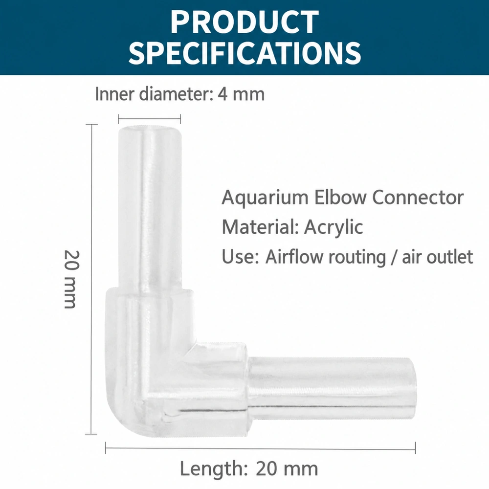 Aquarium airline elbow connector dimension diagram showing 20 mm along each side and a 4 mm inner diameter.