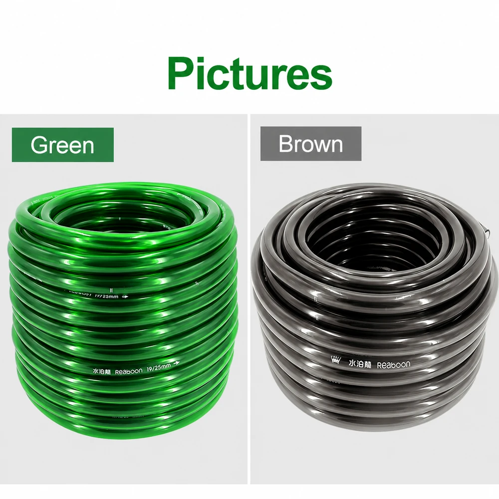Actual product display of green and brown PVC aquarium water hose rolls.
