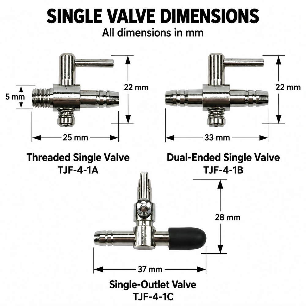 Dimension comparison of TJF-4-1A, TJF-4-1B and TJF-4-1C metal aquarium air control valves.