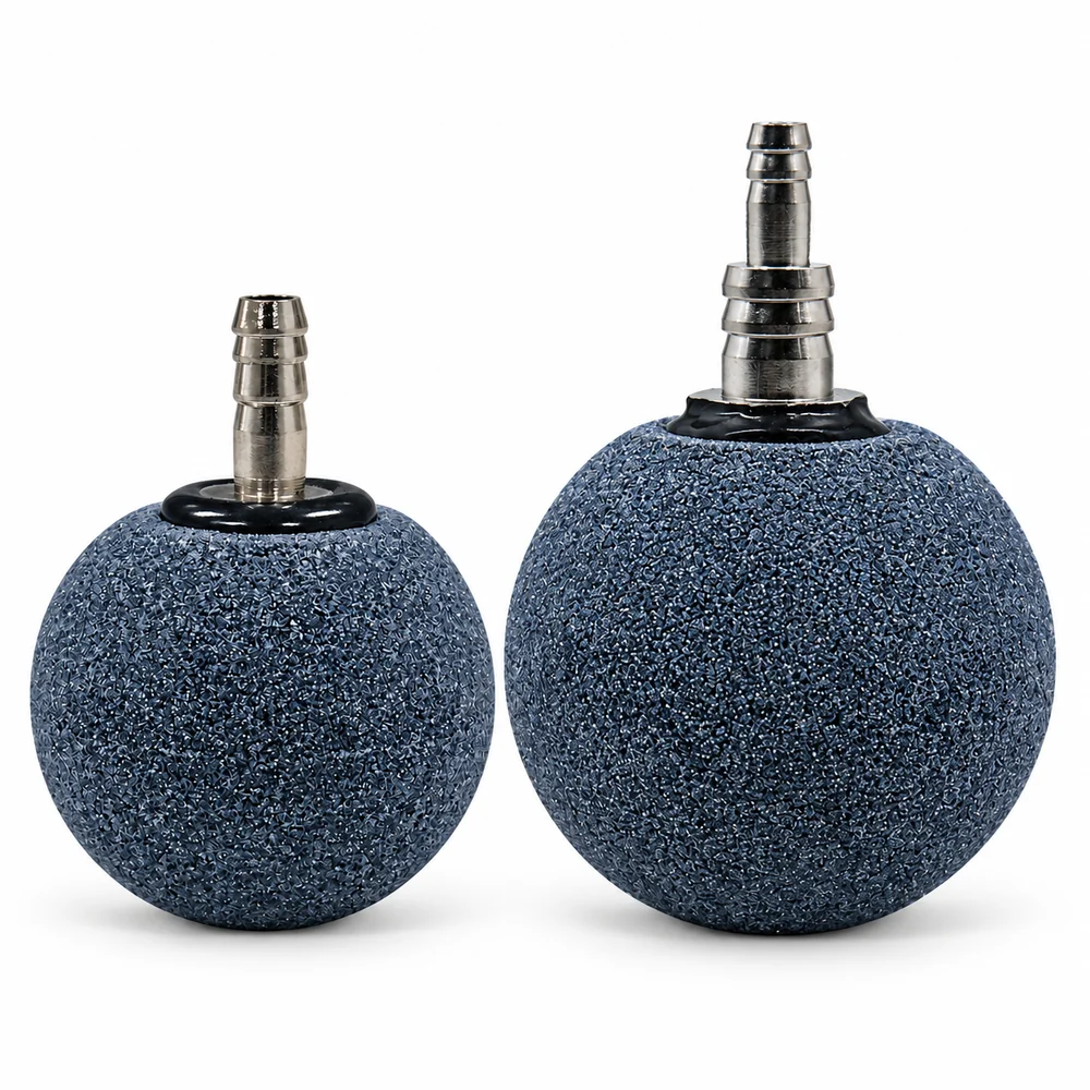 KOOI spherical aquarium air stones in 40 mm and 50 mm diameters with stainless steel barbed airline connectors.