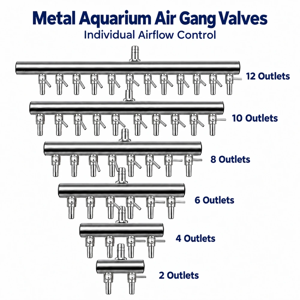Metal aquarium air gang valves with individual airflow controls, shown in 2-, 4-, 6-, 8-, 10- and 12-outlet configurations.