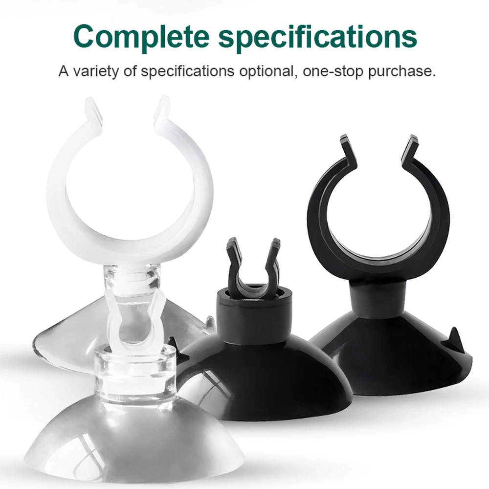 U-shaped aquarium tube clips in black and translucent white, showing several clip sizes and suction-cup bases.