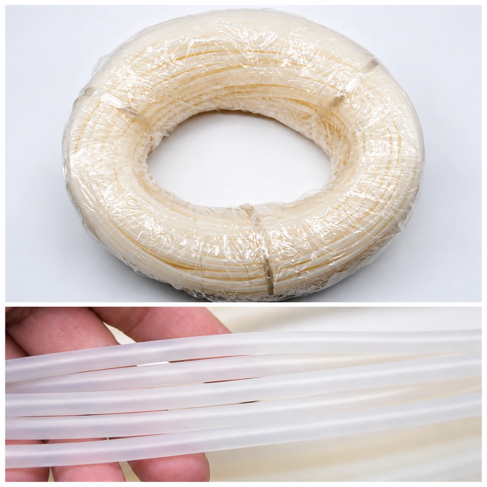 Packaged coil of pale yellow PVC aquarium airline tubing and a close-up of its frosted tubing held between fingers.