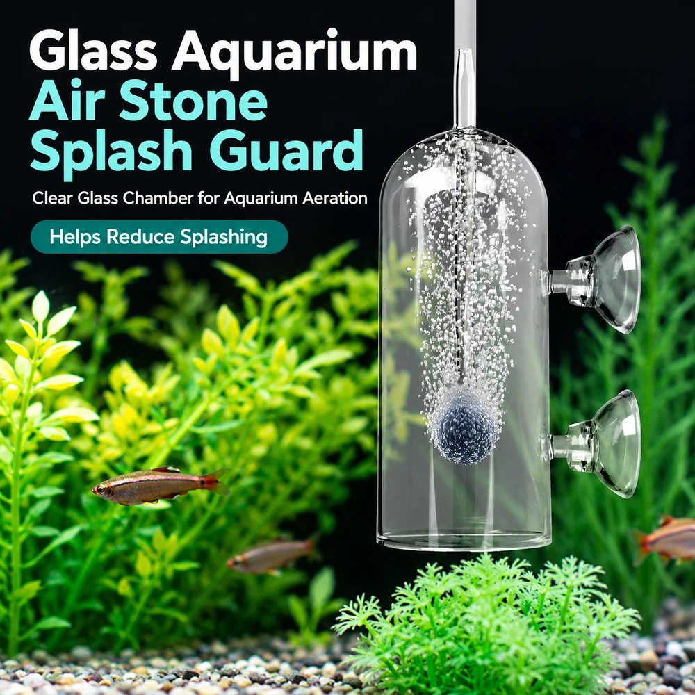 RYQ-01 glass aquarium air stone splash guard with two suction cups and a clear chamber that helps contain bubble splash.