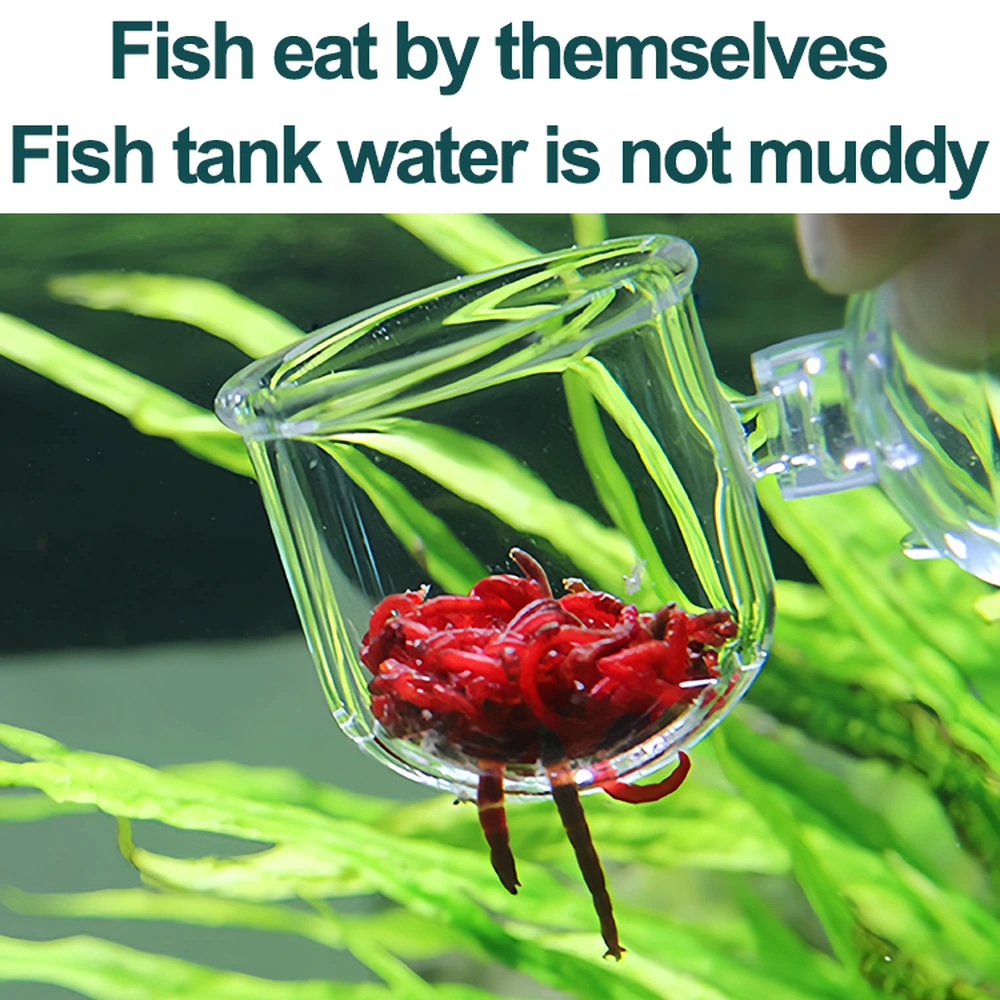 Aquarium bloodworm feeding cup holding red worms, with worms extending through the slots in the base.