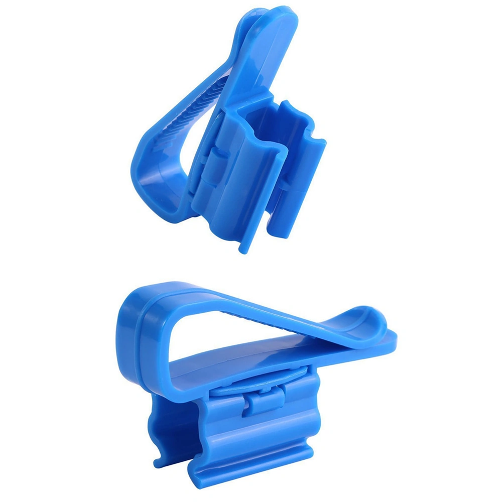 Aquarium hose holder clip in two angled views showing the hose grip, hinge and rim clip.