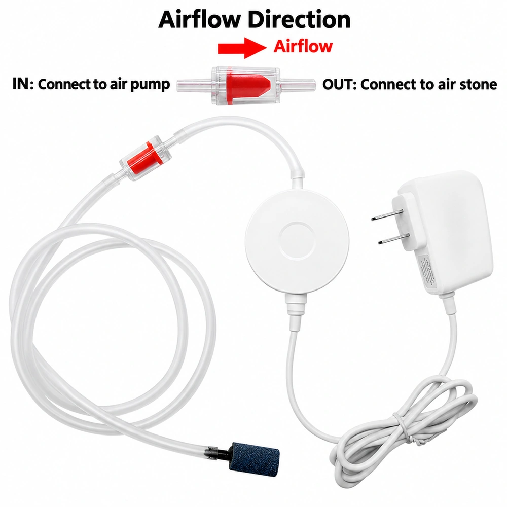 Aquarium airline check valve installation diagram showing the inlet connected to the air pump and the outlet connected to the air stone.