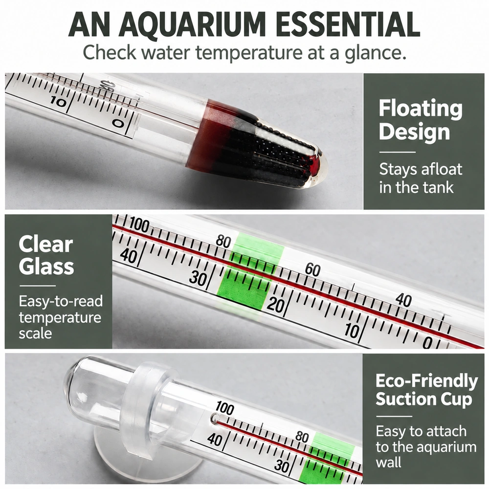 Floating glass aquarium thermometer with an easy-to-read scale and an eco-friendly suction cup for attachment to the aquarium wall.