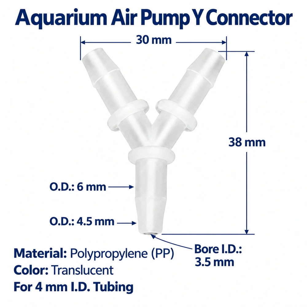 pj-0042 aquarium airline Y connector dimension diagram showing a 30 mm width, 38 mm height and connection measurements for 4 mm I.D. tubing.