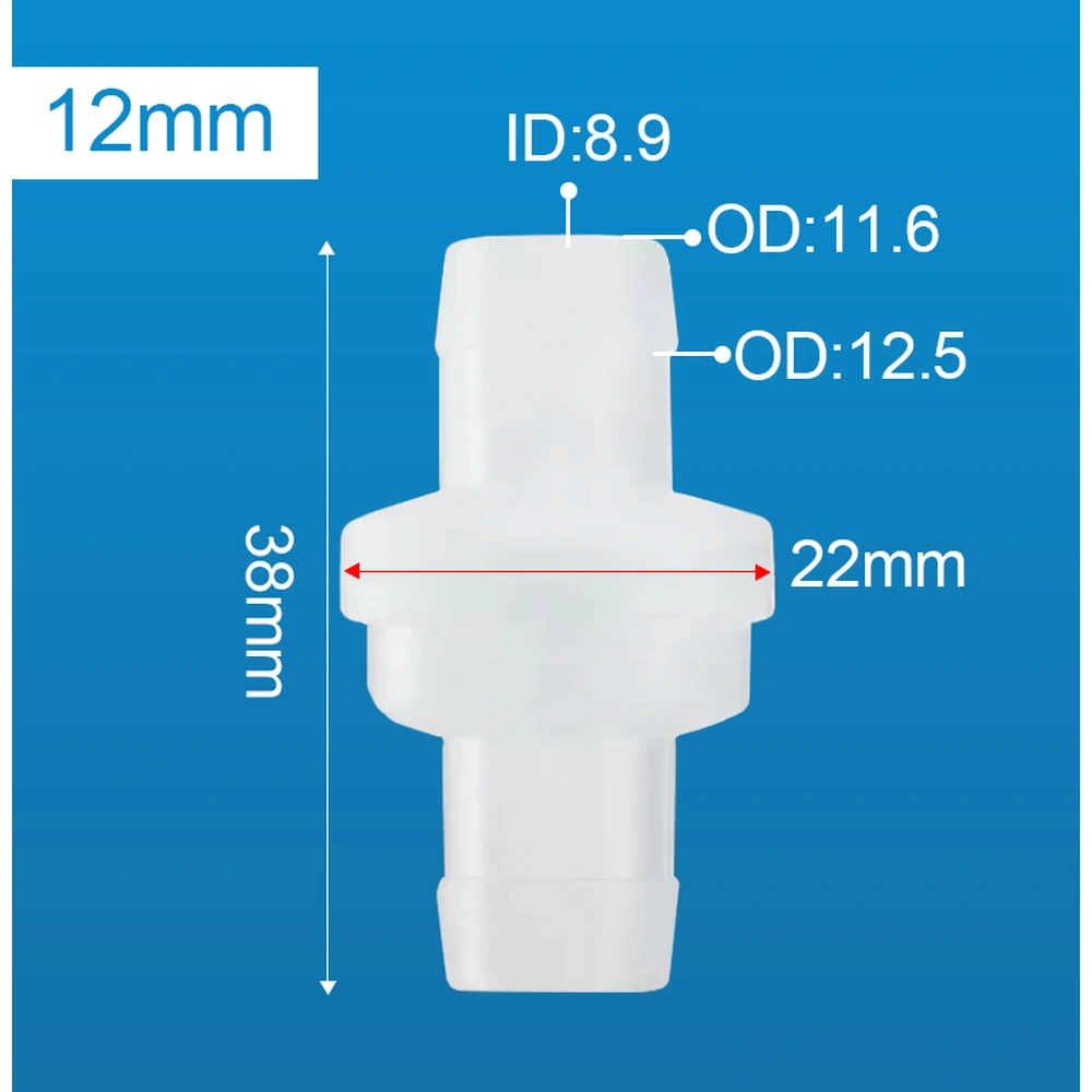Dimension diagram of the inline check valve labeled 12 mm, showing a 38 mm overall length, 22 mm body width and connector measurements.